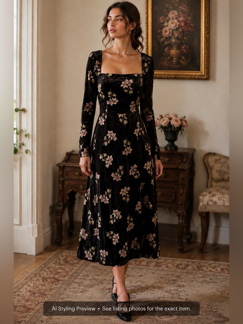 Hutch XS-S Black Floral Crushed Velvet Midi Dress Square Neck Dark Romance